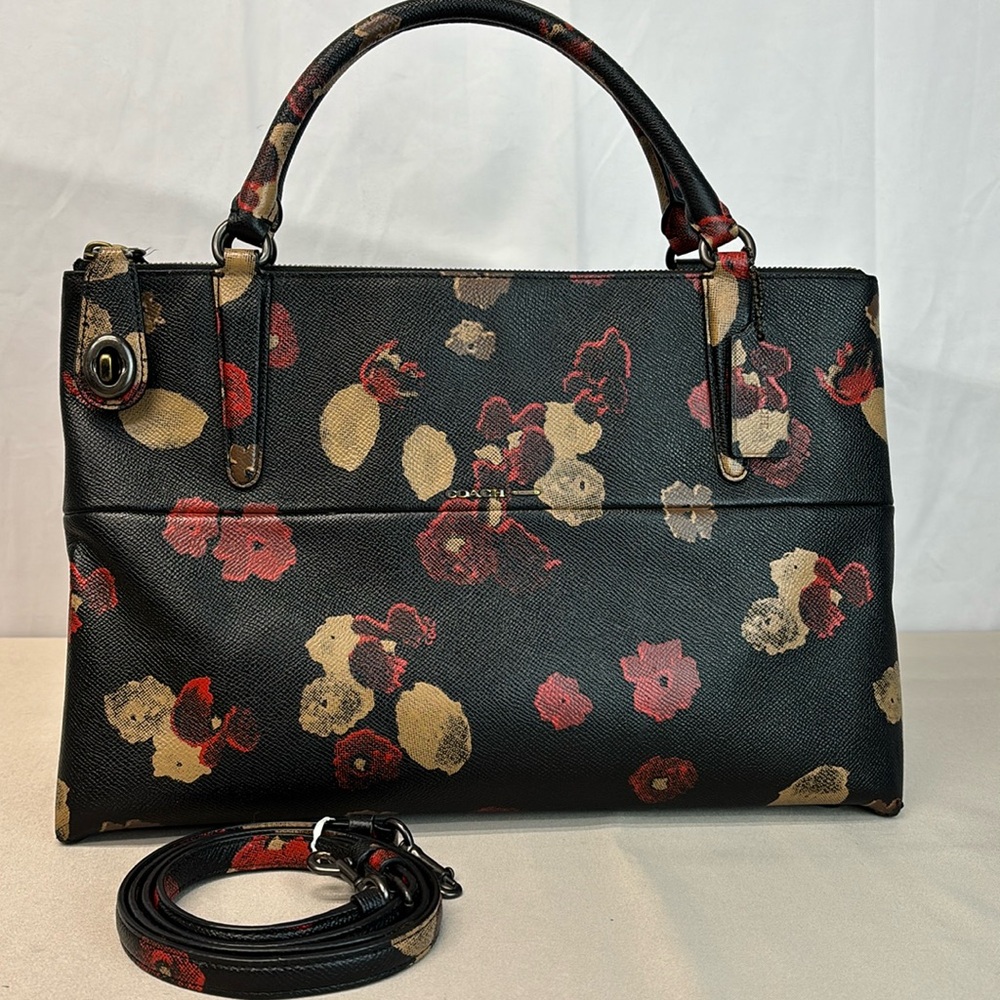 Coach Bourough Floral Black Leather Turnlock Satchel Crossbody Bag